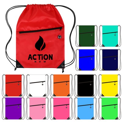 210D Polyester Drawstring Backpack w/ Front Zipper Pocket