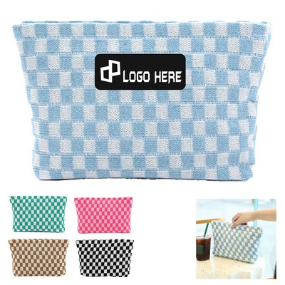 Wool Large Checkered Cosmetic Storage Bag With High Capacity