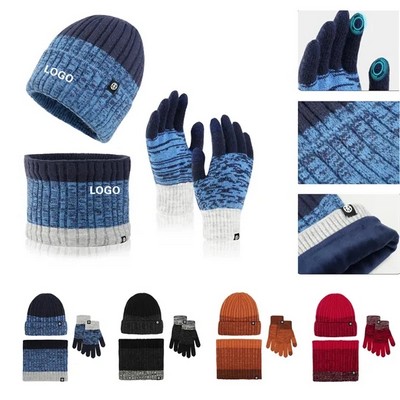 Winter Knit Hat Warmer Scarf Touchscreen Gloves Set