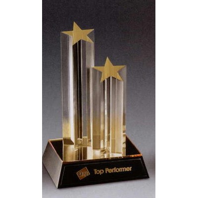 Double Star Tower Acrylic Award w/ Gold Reflective Base (5"x9 1/2")