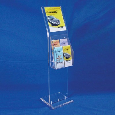 Clear Acrylic Display Stand w/Sign Holder & Adjustable Literature Holder