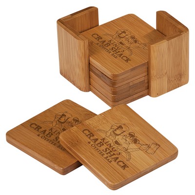 Bamboo Square 6 Coaster Set with Holder, 3 3/4" x 3 3/4"