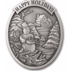 Full Size Stock Design Happy Holidays Farmhouse Snow Scene Pewter Ornament