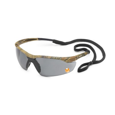 Camo frame, flexible temple, grey lens, Conqueror safety glasses