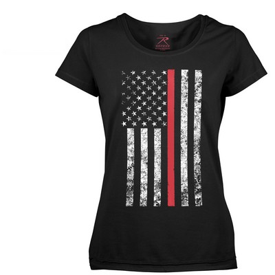 Women's Black Long Length Thin Red Line Flag T-Shirt