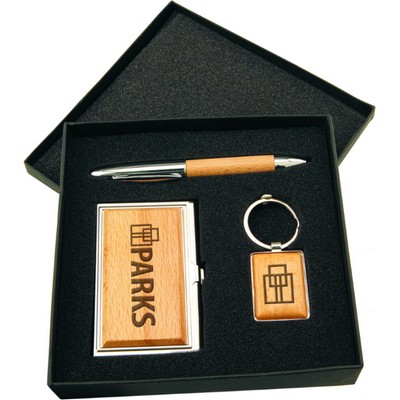 6.5" x 6.5" - Beechwood Pen, Card Holder and Keychain with Silver Trim