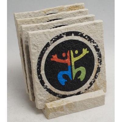 4-Pc Square Limestone-Texture Coaster Set w/Base (UV Print)