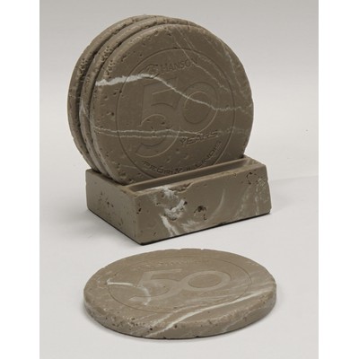 4-Pc Round Travertine-Texture Coaster Set w/Base