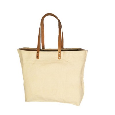 10 Oz. Cotton Shopping / Beach Tote Bag With Leather Handles