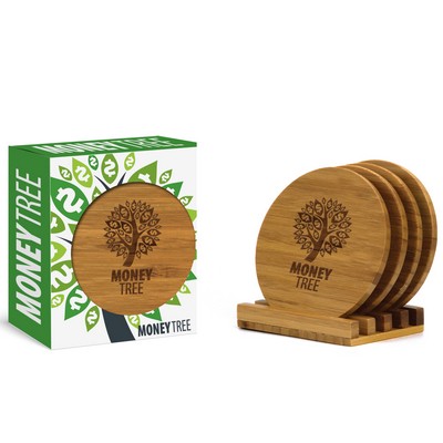 4pc Round Bamboo Coaster Set In Gift Box