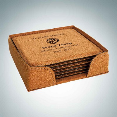 6 Piece Cork Square Coaster Set w/Holder