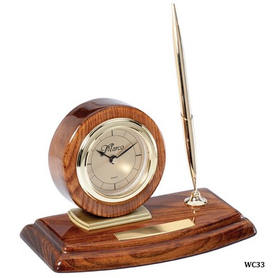 Walnut Piano Finish/Gold Desk Clock on Base with 1 Pen