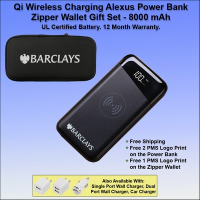 Qi Wireless Charging Alexus Power Bank Zipper Wallet Gift Set 8000 mAh - Black