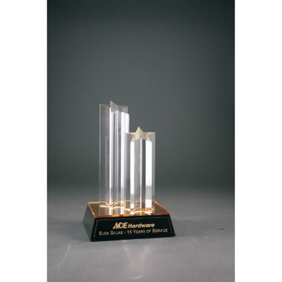 9 1/2" Clear Double Star Column Acrylic Award with Gold/Black Base