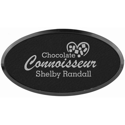 Black/Silver Laser Engraved Leatherette Oval Badge & Frame (3" x 1 1/2")