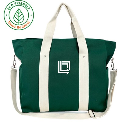 20 oz Cotton Canvas Duffle Bag Green / Natural Trim - Eco Friendly Voyager Duffel 20 x 16 x 7