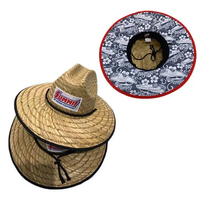 Hollow Straw Lifeguard Hat W/ Sliding Cord Lock & Custom Patch Under Brim