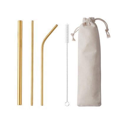 4-Piece 304 Stainless Steel Drinking Flatware Straw Set W/Drawstring Bag(Gold & Rose Gold & Rainbow)