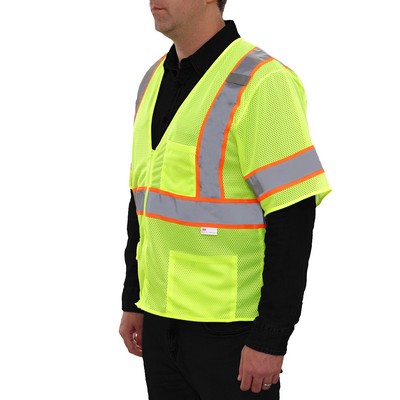 Hi-Vis Mesh Zip Economy Safety Vest w/Contrasting Tape-Fluorescent Yellow-Green