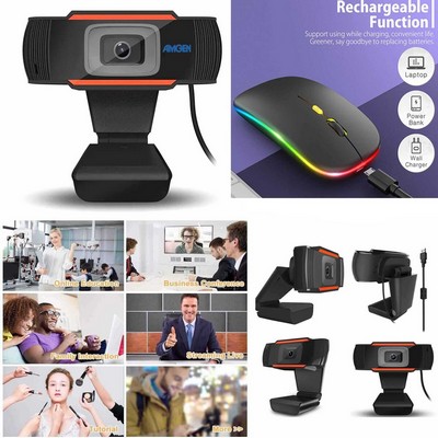 Kidder Webcam with Microphone for Desktop or Laptop Computers + LED Wireless Mouse