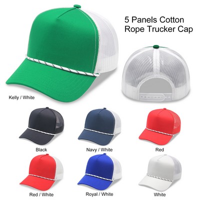 5 Panel High Profile Curved Visor Trucker Cap w/Rope