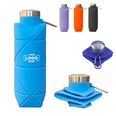 24 Oz Folding Silicone Sports Water Bottle With Carabiner