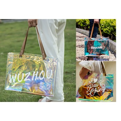 Holographic Tote With Brown Pu Handles