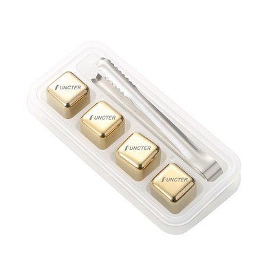 Gold Color Four Pieces Cube Shape Stainless Steel Metal Ice Cube Ice Cake W/ Metal Clip