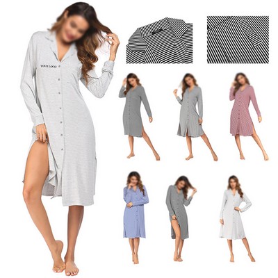 Women's Loungewear Pajamas Long-Sleeve Striped Print Nightgown Dress