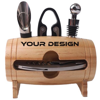 Wooden Barrel Wine Accessory Set