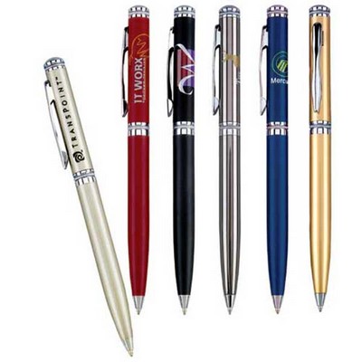 Twist Action Thin Brass Barrel Ballpoint Pen w/ Chrome Trim