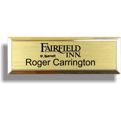 Brushed Gold Metal Badge w/ Bright Gold Beveled Metal Frame (1"x 3")