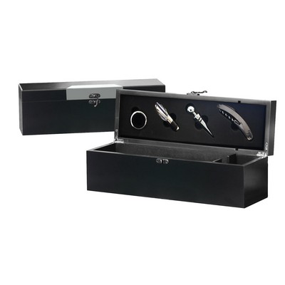 Wine Accessories Gift Set in Black Wooden Box w/Metal Plate