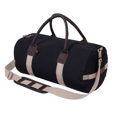 19" Black/Khaki Canvas Gym Bag w/Leather Accents