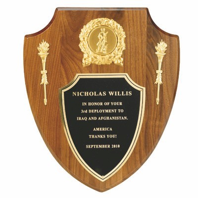 Genuine Walnut Military Shield Plaque Takes 2" Insert (10"x12")