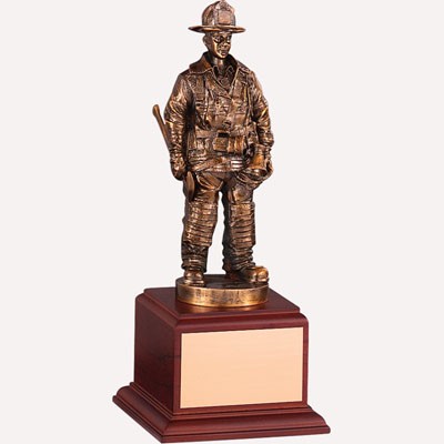 10" Electroplated Brass Firefighter Trophy on Wood Base