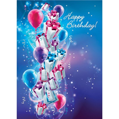 Happy Birthday Card w/Balloons & Gifts & Streamers