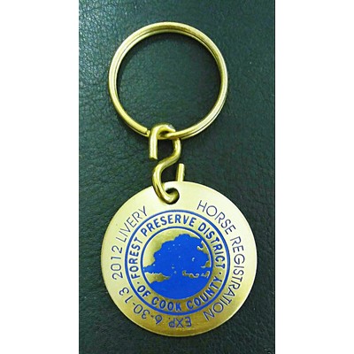 1.5" Diameter Convex Aluminum Key Tag w/a Die Struck, Color Filled Imprint. Made in the USA