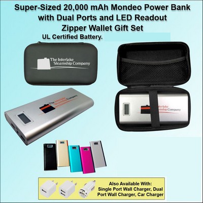 Super Sized Mondeo Power Bank 20,000 mAh with Quadrouple Ports, LED Readout in a Black Zipper Wallet