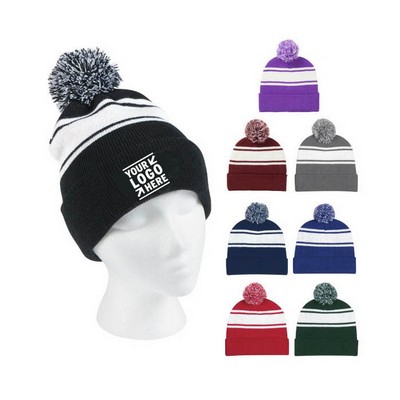 Two-Tone Knit Pom Beanie Hats