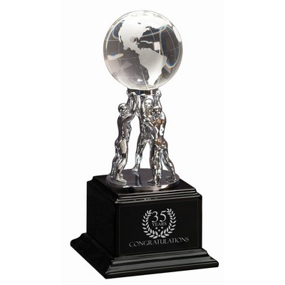 10" Clear Crystal Globe with Silver Men/Stand on Black Piano Finish Base