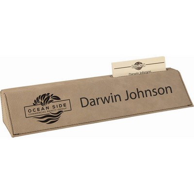 10 1/2" Light Brown Laser Engraved Leatherette Desk Wedge with Business Card Holder