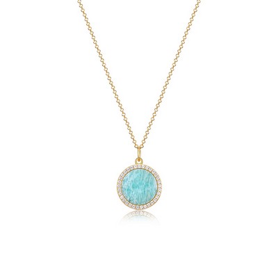 Fleur de Vie Collection Diamondlite CZ and Peru Amazonite Adjustable 13mm Round Locket - Gold