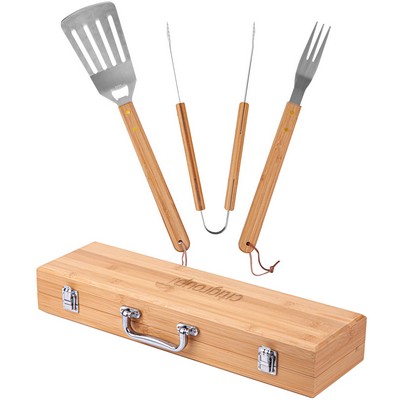 3-Piece Bbq Grill Utensil Set With Bamboo Case