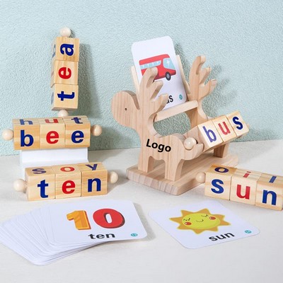 Wooden Reading Blocks Learning Spelling Flash Cards Short Vowel Turning Rotating Match Letters Toy