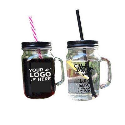 Mason Jar Mugs with Glass Handles and Metal Straws