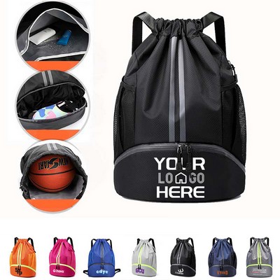 Waterproof Drawstring Backpack With Shoe Compartment and Water Bottle Holder