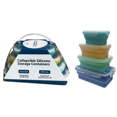 4Pc Rectangular Silicon Collapsible Food Container Set With Steam Vent and Snap on Leak Proof Lid