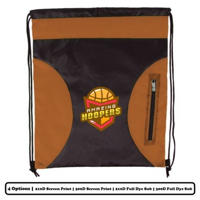 Solid Multi-Panel Polyester Drawstring Bag With Semi-Circle Design, Zip Pocket - Screen Print, Heat