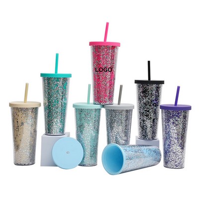 24oz Double Wall Glitter Straw Cup - OCEAN